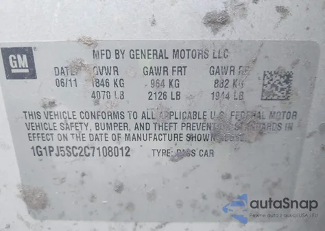 2012 Chevrolet Cruze Eco из США, поврежденный, VIN 1G1PJ5SC2C7108012